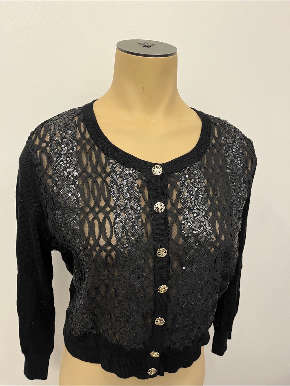 Karl Lagerfeld Black Sequin Lace Crop Cardigan
